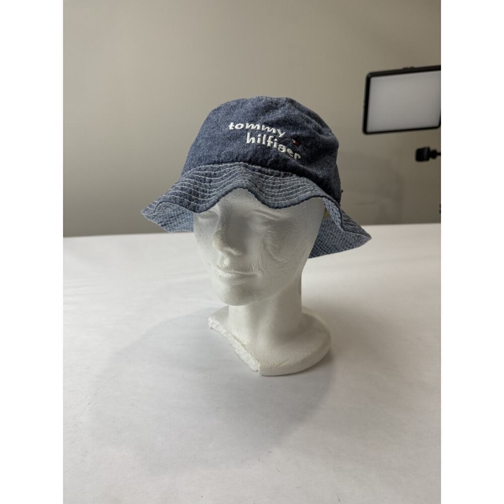 Vintage 1990s Tommy Hilfiger Kids Bucket Hat Denim Gingham Logo Y2K Size 4-6X